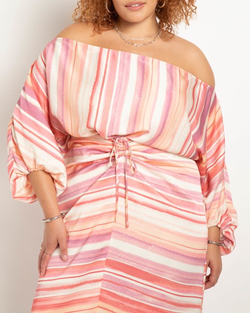Front of a model wearing a size 26 Off The Shoulder Poet Sleeve Blouse in Sunset Stripe by ELOQUII. | dia_product_style_image_id:272945